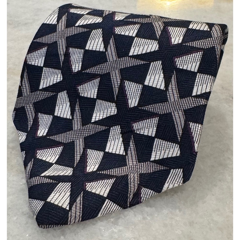 Monsieur Givenchy Mens Silk Necktie Geometric Pattern Black‎ Grey White Vintage